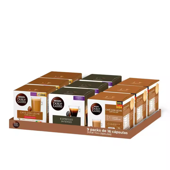 Dolce Gusto - Pack Especial Café Surtido 9 cajas (144 Cápsulas) | Contiene 3 cajas de Café con leche (48 cápsulas) + 3 cajas de Espresso Intenso (48 cápsulas) + 3 cajas de Café con leche descafeinado (48 cápsulas) - 1