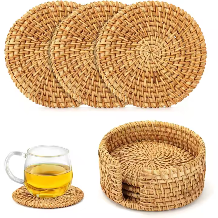 Juego de 6 posavasos hechos a mano con soporte - Posavasos redondos de ratán resistente al calor de 10 cm/4 pulgadas para tazas y decoración del hogar - 1