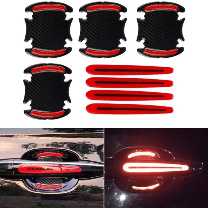 piezas de película protectora universal 3D de fibra de carbono para manija de puerta de automóvil, tiras reflectantes de seguridad universales (rojas) - 1
