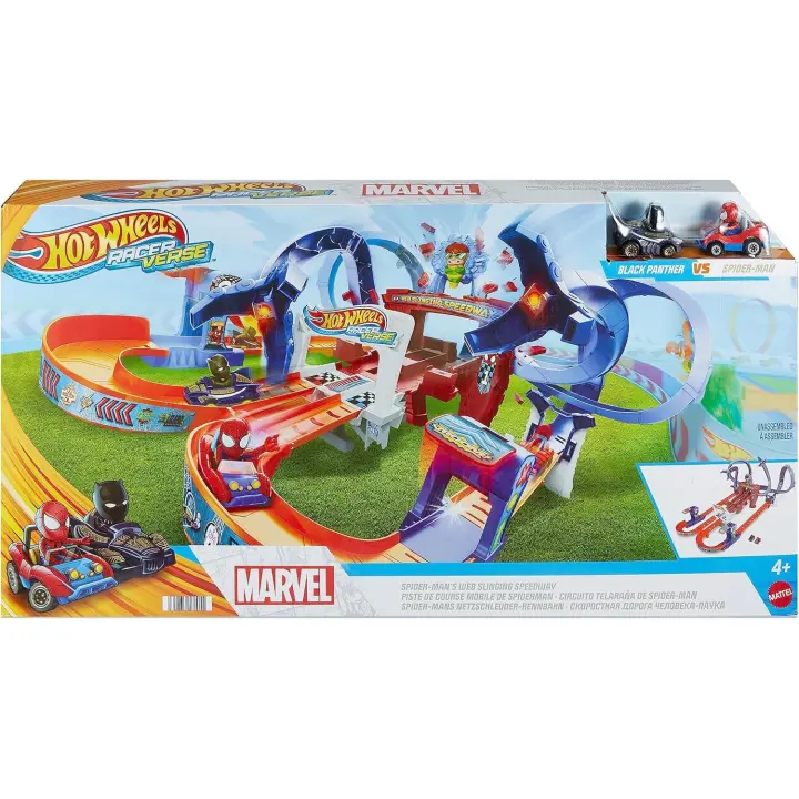 Hot Wheels  pista Telaraña de Spider-Man de RacerVerse, con dos pilotos, +4 años (Mattel HPL34) - 1