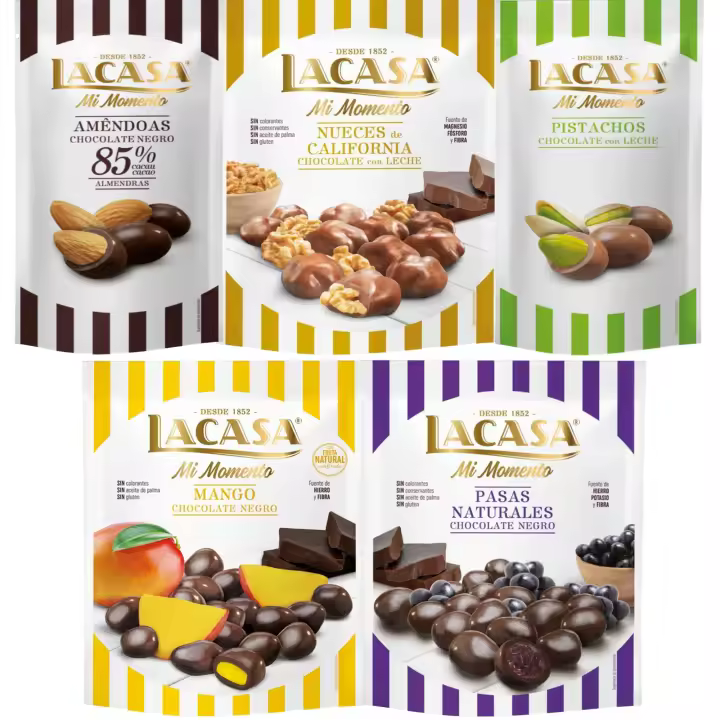 Lacasa Mi Momento pack de 5:Pistacho Chocolate Leche,Almendra 85% ,Nueces Chocolate Leche ,Pasas Chocolate Negro ,Mango Chocolate Negro - 1