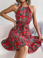 Vestido De Verano Casual Para Mujer Con Estampado Floral Y Volantes Estilo Halter Largo Mini Polyester Slim Fit Y Flare - details 11