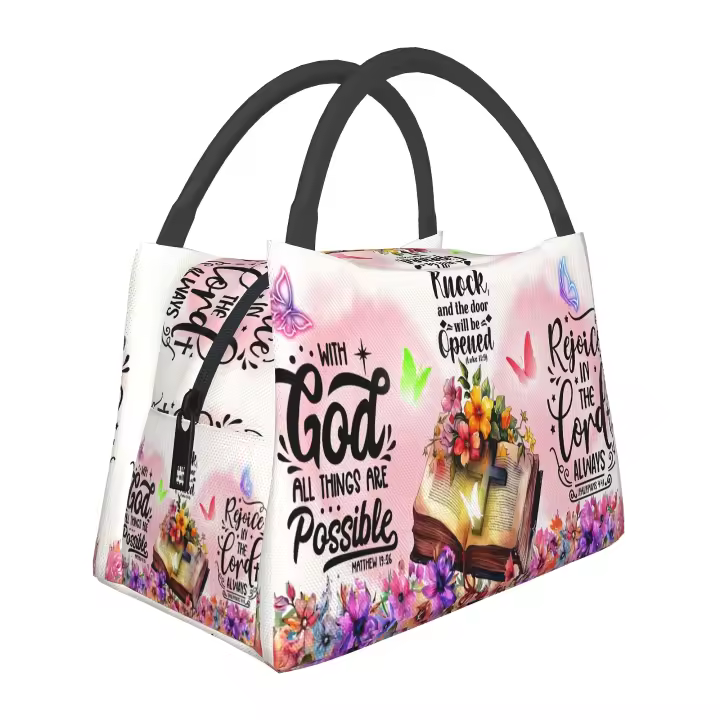 Bolsa De Almuerzo Aislada Portátil Reutilizable Con Patrón De Texto En Flor Cross Para Año Nuevo Feliz Material De Tela Oxford - 1