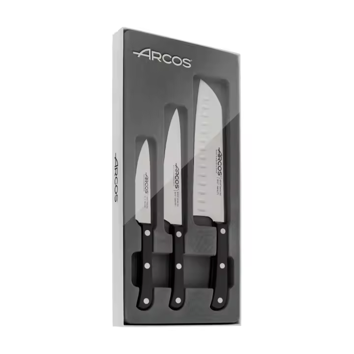 Arcos Serie Europa - Set de Cuchillos de Cocina 3 piezas (Mondador + Cocina + Santoku) - Hoja de Acero Inoxidable NITRUM - Mango de Polioximetileno (POM) - Color Negro - 1