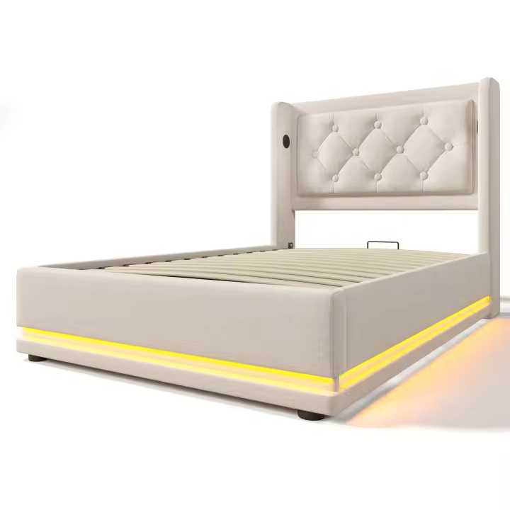 Cama tapizada Cama individual 90*200 cm, Cama de almacenamiento hidráulico en material de Algodón beige, Cabeza USB Typo-C tapizada con función de Carga, función LED en tres lados (colchón no incluido) - 1