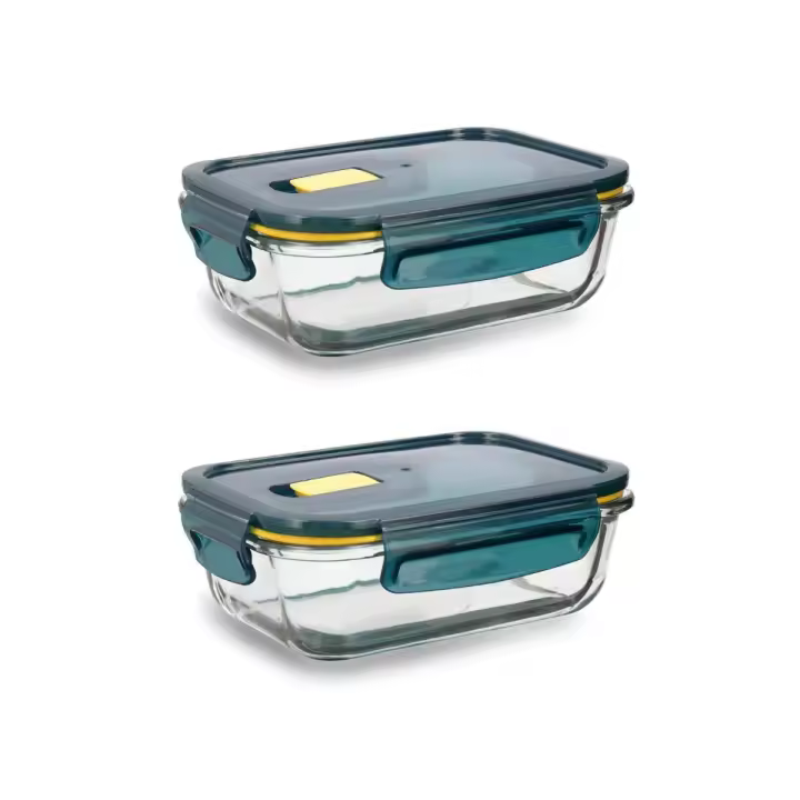 QUID ASTRAL 2 Recipiente Rectangular Hermético Vidri 18x13x6CM - 64CL Azul  Tapa 4 cierres herméticos 100% con válvula Reciclable - 1