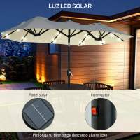 Outsunny Sombrilla Doble con Luces LED 280x146x227 cm Sombrilla de Jardín con Inclinación de 45° Manivela y Costillas de Acero para Terraza Balcón Piscina Beige - details 4