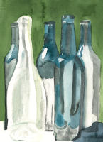 Cuadro decorativo vertical grande "REFLEJOS DE CRISTAL" 85x120 100x140  salon comedor Lienzo de alta calidad Acuarela contemporánea con botellas verdes azules y blancos pintura minimalista botellas moderno arte contemporáneo Ref ANA DURAN  A 139 - details 0