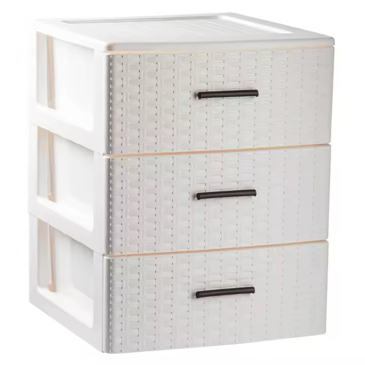 Tradineur - Cajonera de ordenación Rattan de plástico - 3 cajones - Torre de almacenaje multiusos, organizador auxiliar, almacenamiento, baño - 46,5 x 39,5 x 36,5 cm - Color Blanco Roto - 1