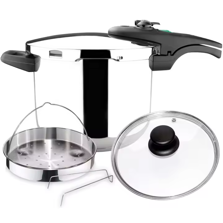 Magefesa Athenas - Pack Exclusivo Olla Express Rápida + Cestillo + Tapa de Cristal, Acero Inoxidable 18/10, Para Inducción, Fondo Termo-Difusor - 1
