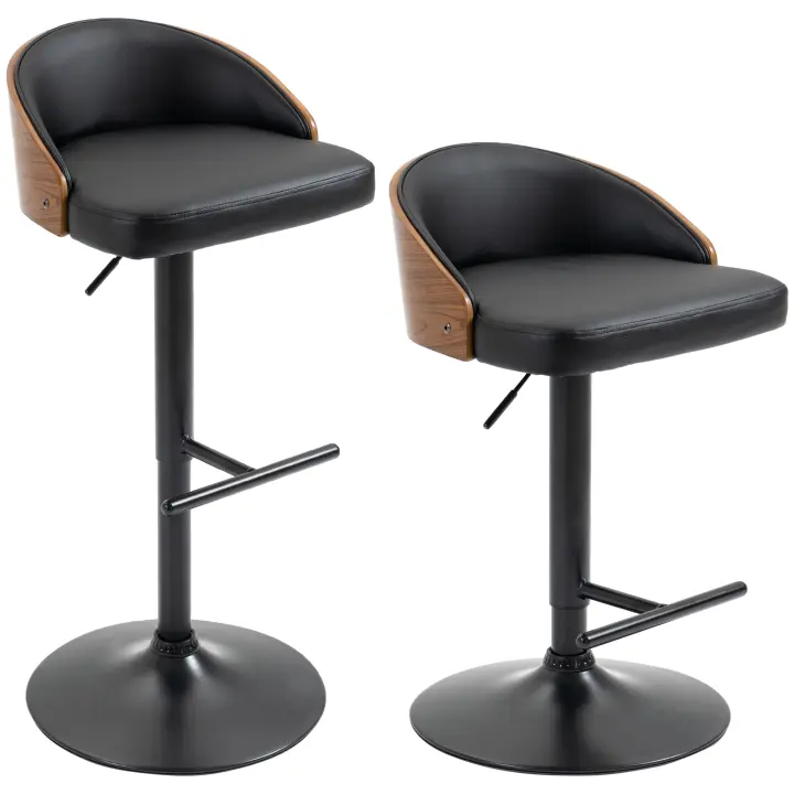 HOMCOM Juego de 2 Taburetes de Bar con Reposapiés, Sillas de Bar Giratorias, Sillas Giratorias Regulables en Altura, Sillas de Cocina, Piel Sintética, Madera, Negro + Café, 48 x 49,5 x 76-96 cm - 1