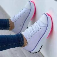 Zapatos De Lona Blanca Clásica 2024 Para Mujer Zapatillas De Cordones Sólidos Plataforma Casual Zapatos De Vulcanizaci\u00f3n Para Adultos - details 3