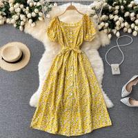 Vestido Midi Elegante De Verano Para Mujer Con Cuello En V Estampado Floral Manga Acolchada Cintura Alta Botones Vestido De Playa Rojo/Amarillo/Negro - details 4