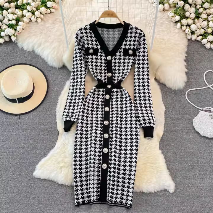 Vestido Largo De Punto Vintage REALEFT Para Mujer Cuello V Manga Larga Botones Estilo Clásico Otoño Invierno Talla Regular - 1