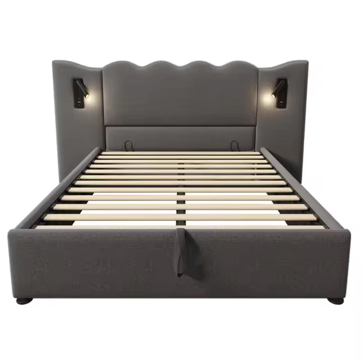 Cama tapizada Twin 160x200 with Luz de Lectura y Carga USB Typo-C, somier de almacenamiento with Marco de listones de Madera maciza y metal, Gris, Linen (with colchón). - 1