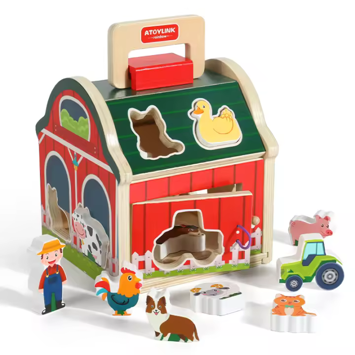 Juguetes De Madera Para Bebés Casa De Juego Montessori Con Animales De La Granja Sorteo De Colores Y Formas Bloques De Construcción Educativos Para Niños - 1
