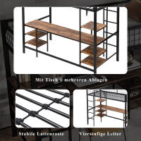 Cama de Hierro, Litera, adecuada para niños y adolescentes, Con Mesa y estantes, Con Escalera de Cuatro peldaños, Hierro aglomerado, Negro Grano de Madera Oscuro, 90x200 cm - details 3