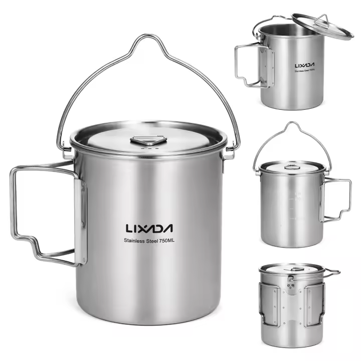 Lixada Taza De Acero Inoxidable 750ml Con Tapa Y Mango Plegable Portátil Para Cocinar Al Aire Libre Camping Senderismo Picnic - 1
