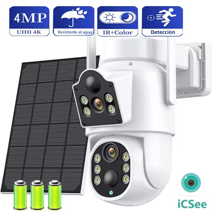 Cámara De Seguridad Solar Wifi 4MP Con Doble Lente Y Pantalla Exterior PTZ Protección Con Batería De 7800mAh Detectores PIR Y ICSee App - 1