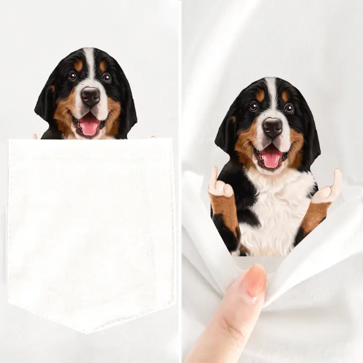 Camiseta De Algodón HX Con Impresión De Dedo Medio Doble Y Bolsillo Para Hombre Camiseta Casual De Verano Con Patrón De Perro Bernés Mountain Dog - 1