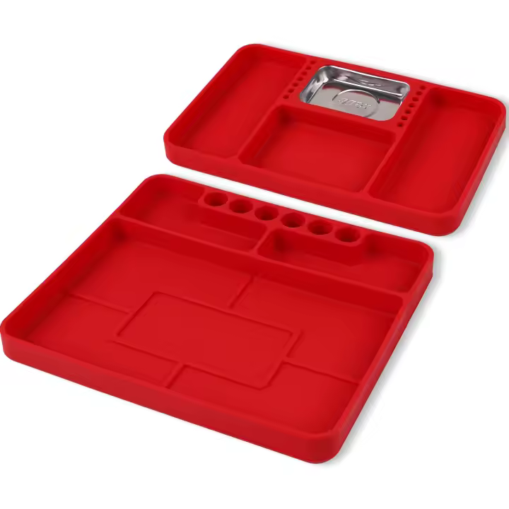 EasySpeed Bandejas de Silicona Antideslizante Pack 2 Unidades para Taller Bricolaje, Organizador de Herramientas Taller con Compartimentos para Puntas Destornillador y Llaves de vaso,, Antiestático Flexible, Bandeja Metálica Imantada, Ideal Bricolaje - 1