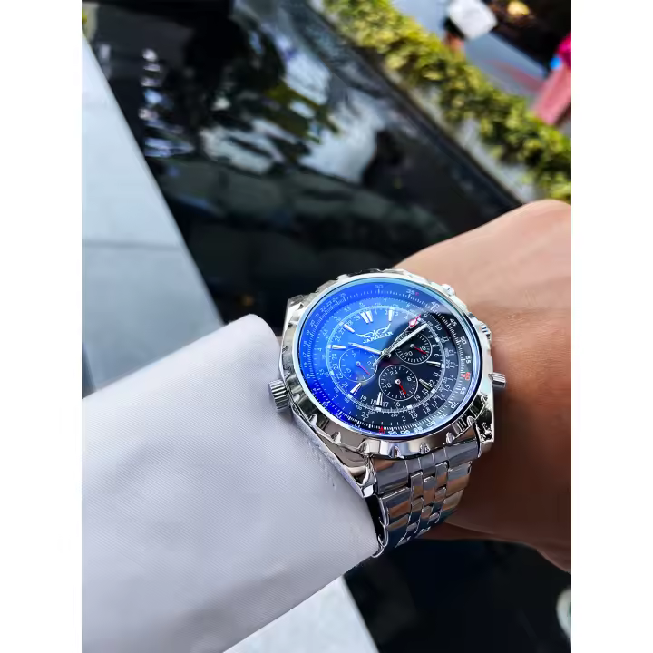 Reloj Mecánico Automático Jaragar Para Hombre Diseño De Vidrio Azul Luminoso Con Exhibición De Fecha Y Semana En Negro Y Plata Resistente Al Agua Con Correa De Acero Inoxidable - 1
