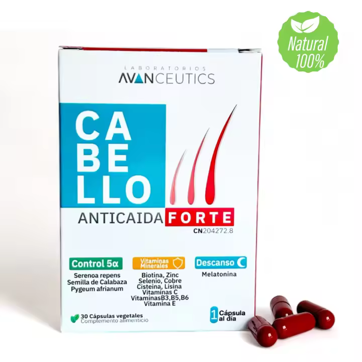 Avanceutics CABELLO ANTICAIDA FORTE  Tratamiento para la Caída del Cabello en Mujeres y Hombres  Contiene Biotina y Zinc   Estimula el Crecimiento del Pelo  Vitaminas para el Pelo Cabello y uñas 30 cápsulas - Vegano, Sin Gluten, Sin Lactosa - 1