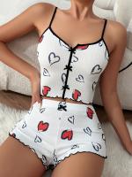 Conjunto De Pijama Para Mujer Con Estampado De Corazones Camiseta De Hombros Y Shorts De Verano Homewear Nocturna Sexy Y Cómoda - details 5