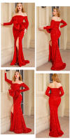 Vestido De Fiesta Larga Rojo Con Lazo Y Lentejuelas Para Mujer Vestido De Noche Para Bodas Y Premiaciones De Corte Sirena Con Mangas Largas Y Abertura Lateral - details 3