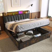 Cama tapizada Cama de metal Cama de matrimonio controlada por App LED con Carga Función de carga USB Cabecero e iluminación LED, Cama de metal 140x200 cm Somier de láminas de Madera, gris (con colchón) - details 3