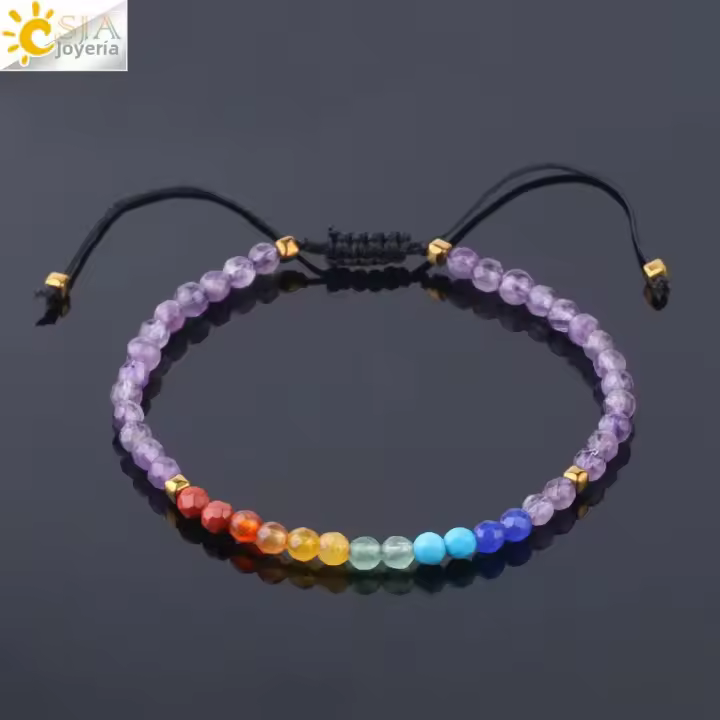 Pulsera De Cristal Con 7 Chakras Y Piedras Naturales 4mm Amatista Cuarzo Rosa Para Mujer Pulsera De Cuerda Tejida Delicada F700 - 1