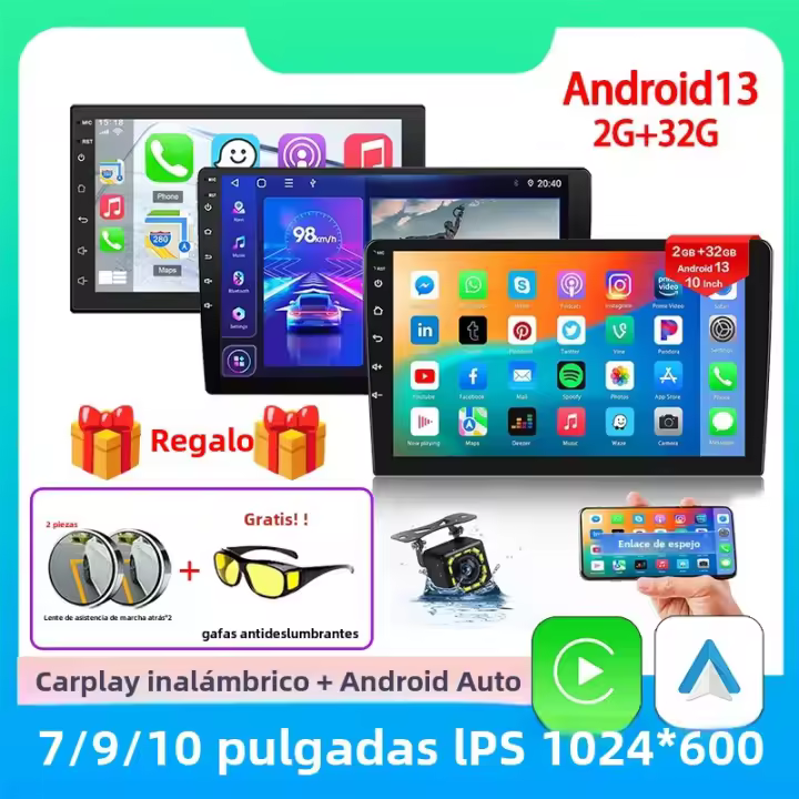 Receptor Estéreo Multimedia Para Coche Con GPS Android 13 CarPlay Y Android Auto Pantalla Táctil De 7/9/10 Pulgadas Soporte Para Cámara Trasera Y Radio FM - 1
