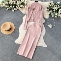Conjunto De Ropa De Mujer REALEFT Otoño Invierno 3 Piezas Traje De Tejido Knitted Cardigan De Botón Sencillo Y Tops Falda Elegante Para Oficina - details 34