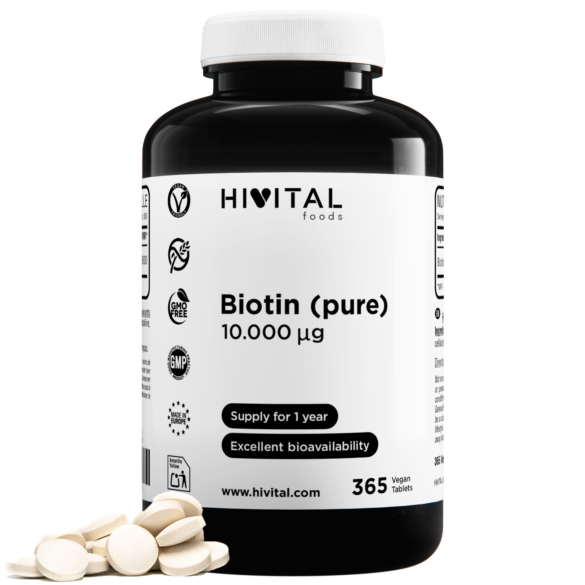 Biotina pura 10.000 mcg | 365 comprimidos veganos. Hivital