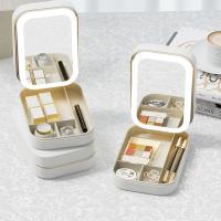 Caja de maquillaje de espejo iluminado, bolsa de almacenamiento de cosméticos con espejo LED | Bolsa de maquillaje portátil-3 colores con bolsa de maquillaje ligero, bolsa de maquillaje de viaje Blanco - details 0