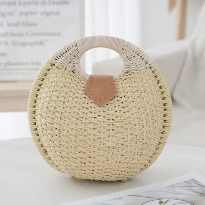 Monederos de paja para Mujer, Bolsa de ratán de Verano para Playa, Bolsa de mano con ASA Redonda, Bolsa de Concha Tejida a mano Retro - 1