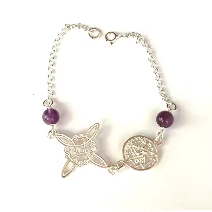 pulsera amuleto doble protección nudo de bruja y tetragrámaton con amatista, plata de ley-40ycuatrojoyeria - 1