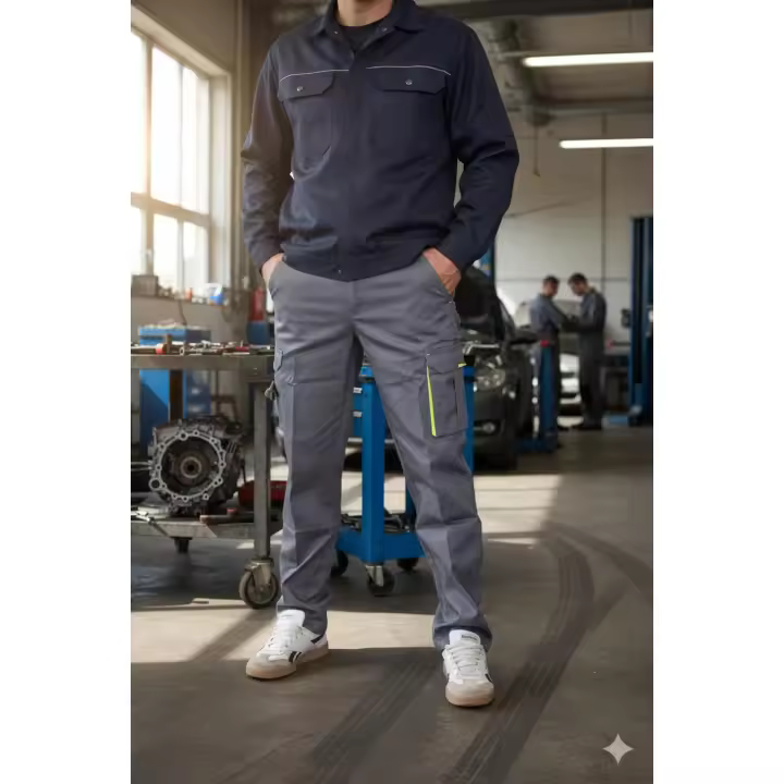 Pantalón Trabajo CDR 11478 con Fluorescente, Bicolor, Elástico y Resistente para Trabajo, Azul Marino o Gris y Lineas  Verde Reflectante Mommata - 1