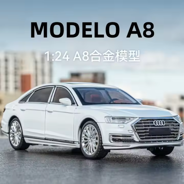 Coche De Colección Audi A8 De 1/24 En Metal Con Luz Y Sonido Puertas Abatibles Regalo Para Chicos Juguete De Movimiento Hacia Atrás - 1