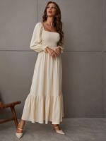 Vestido De Mujer Para Primavera/Verano Con Cuello Cuadrado Y Mangas Largas Ajustado En Cintura Con Volantes Y Corte Flared - details 8