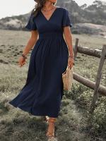 Vestido Casual De Verano Para Mujer 2024 AliExpress Con Cuello En V Manga Corta Y Abertura Midi De Poliéster Estilo Europeo Y Americano - details 22