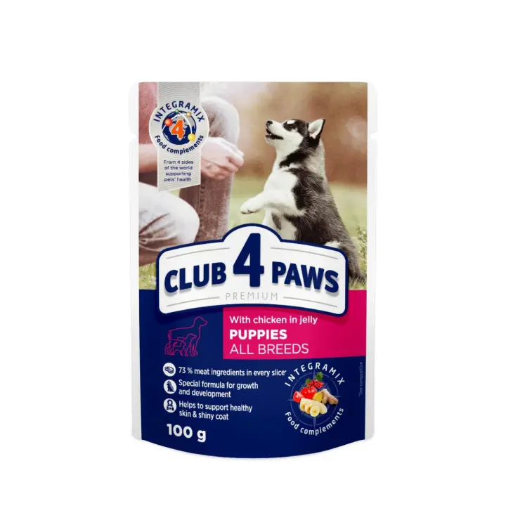 Comida húmeda completa para cachorros CLUB 4 PAWS PREMIUM-Pollo en gelatina ,PACK 24*100g - 1