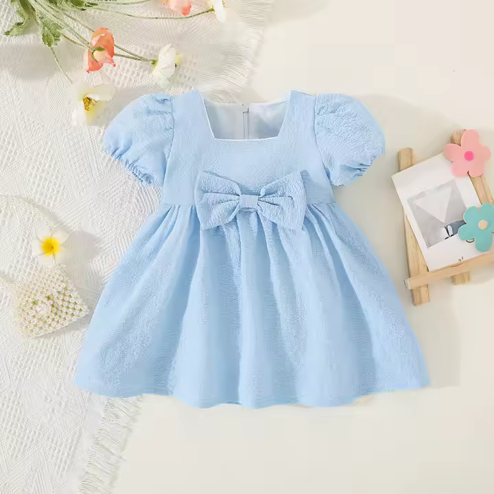 Vestido De Verano Para Bebé Niña En Color Sólido Con Cuello Redondo Y Lazo Para Uso Diario De Longitud De Rodilla - 1