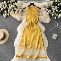 Vestido Midi Bodycon A-Line De Mujer Sin Mangas Patchwork Tejido Long Sundress Malla Elástica Estilo Callejero Verano 2024 - details 1