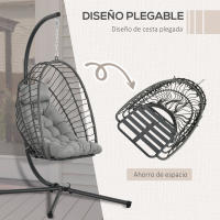 Outsunny Silla Colgante de Ratán Sillón Colgante Plegable con Cojín Reposacabezas y Marco de Acero Carga 100 kg para Interior y Exterior Gris Oscuro - details 3