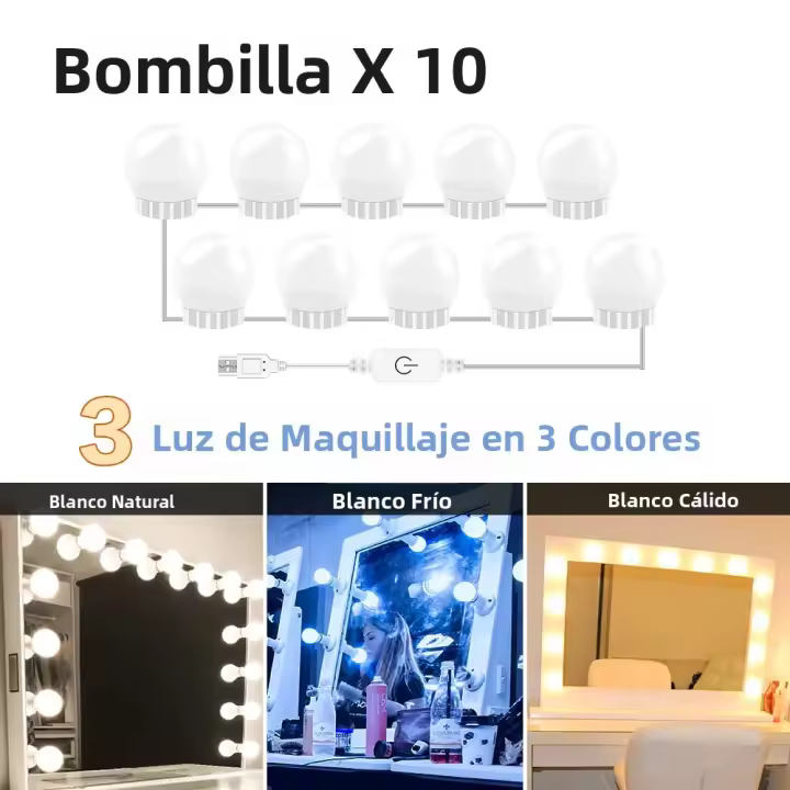Espejo De Maquillaje LED Con 3 Modos Y Luz De Maquillaje Vanidad Lámpara De Mesa USB 12V Luz De Hollywood Para El Rostro - 1
