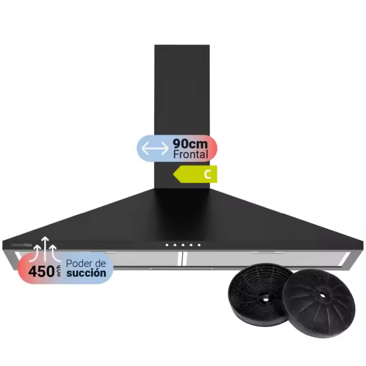UNIVERSALBLUE Campana Piramidal EVEREST 6090B 90 Cm Negra - Absorbe Humos - Control por Botones - Nivel de Ruido 63 Db - 1