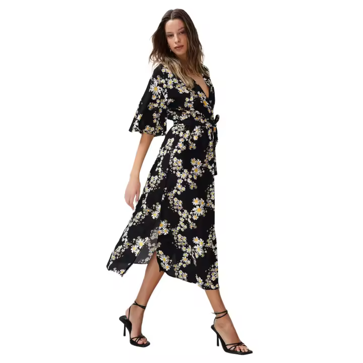 Trendyol Black Belted Floral Print A-Line Double-Breasted Collar Midi Woven Dress Twoss24El00915 - 1