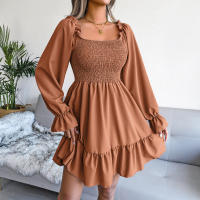 Vestido Elegante Para Mujer Nueva Moda Manga Larga Cuello Cuadrado Casual Color Sólido Otoño Invierno Con Volantes Vestido De Mujer De Pierna Larga Estilo Bohemio - details 3