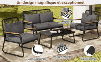Juego de Jardín, Juego de Mesa de sofá para 4, Estructura de Hierro galvanizado, tablero de Cristal Templado, Pates regulables, incl. Todos Los Zapatos de asiento y respaldo, Negro - details 0